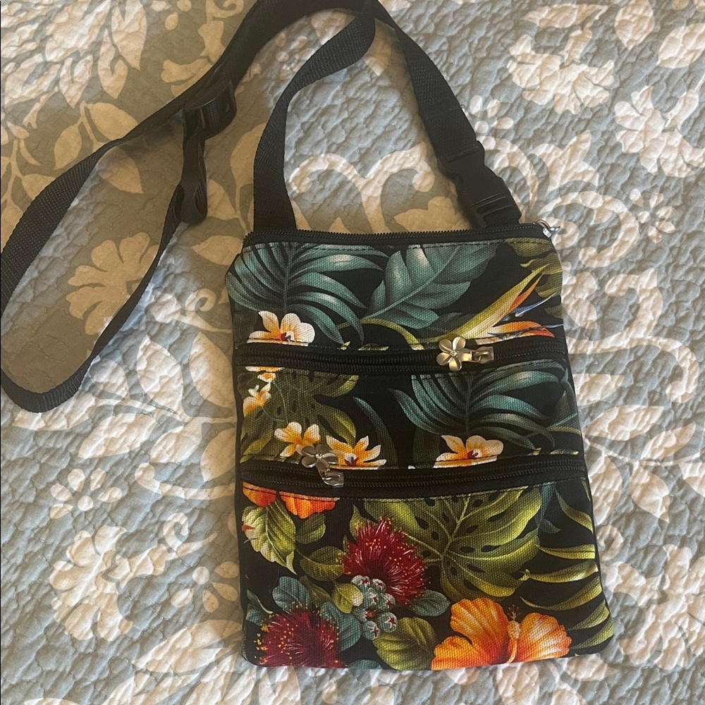 "3-zip" Floral Crossbody Bag with 3 zipper pockets